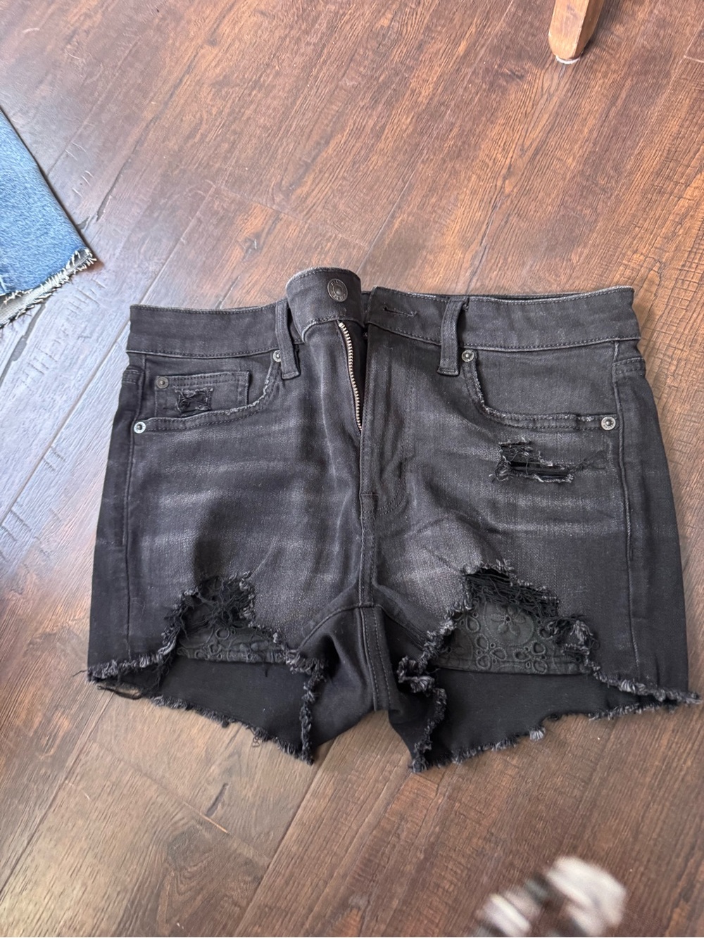 American Eagle Outfitters Black Distressed Lace-Panel Denim Shorts next level